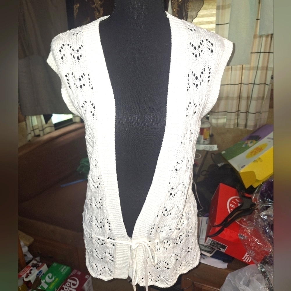 Ann Taylor Loft White Open-Front Knitted Cardigan Sweater In A Size Small
